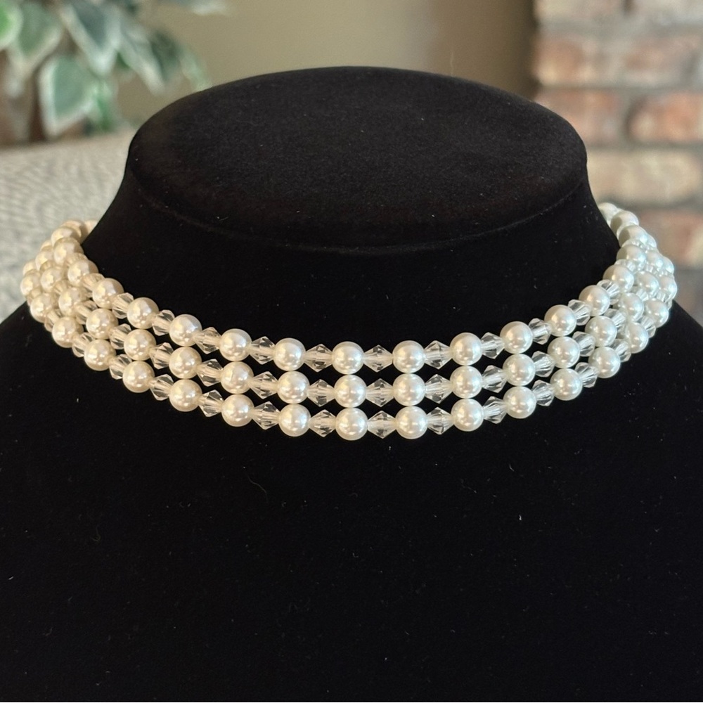 Faux Pearl and Crystal Beaded Layered Choker Necklace 16” Preowned